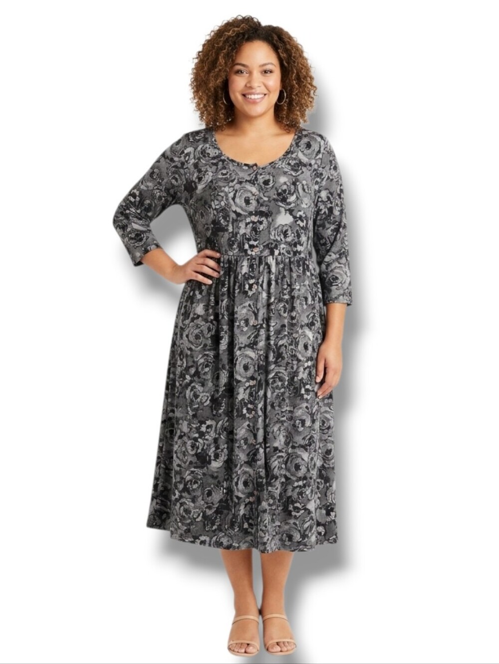 Anthony Richards 1X Black Floral Button Front Lounge Dress
